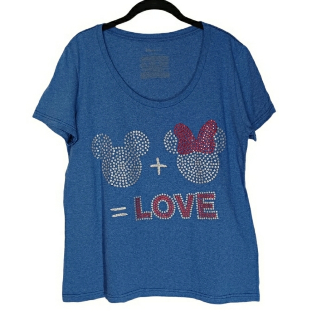 DISNEY STORE MINNIE & MICKEY MOUSE Glitter Shimmer LOVE Blue Short Sleeve Top XL